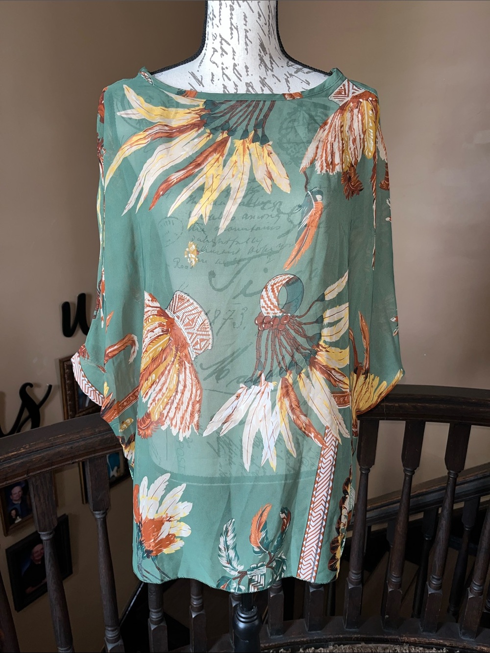 Green Feather Print Tunic Top